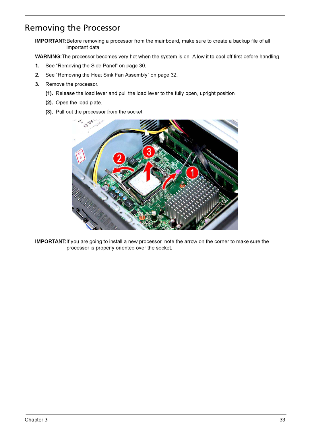 Acer X3910 manual Removing the Processor 