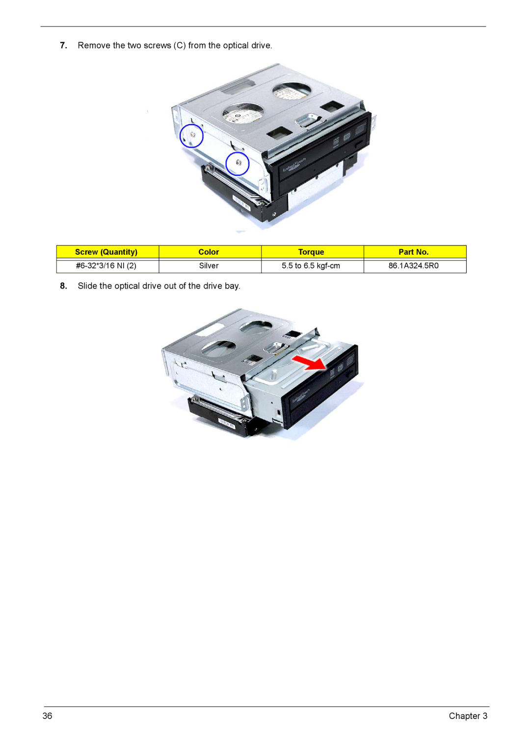 Acer X3910 manual Remove the two screws C from the optical drive 