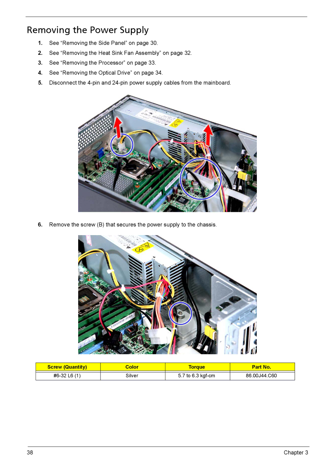 Acer X3910 manual Removing the Power Supply 