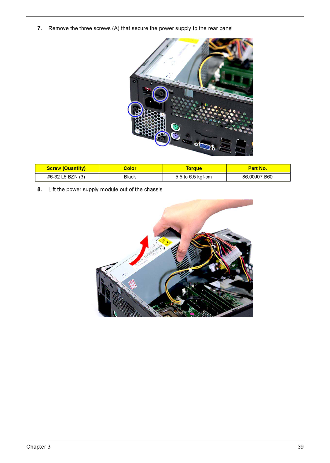 Acer X3910 manual Lift the power supply module out of the chassis Chapter 