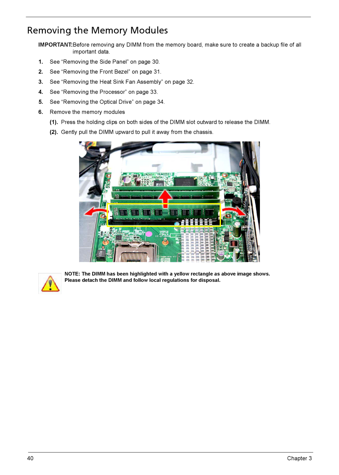 Acer X3910 manual Removing the Memory Modules 