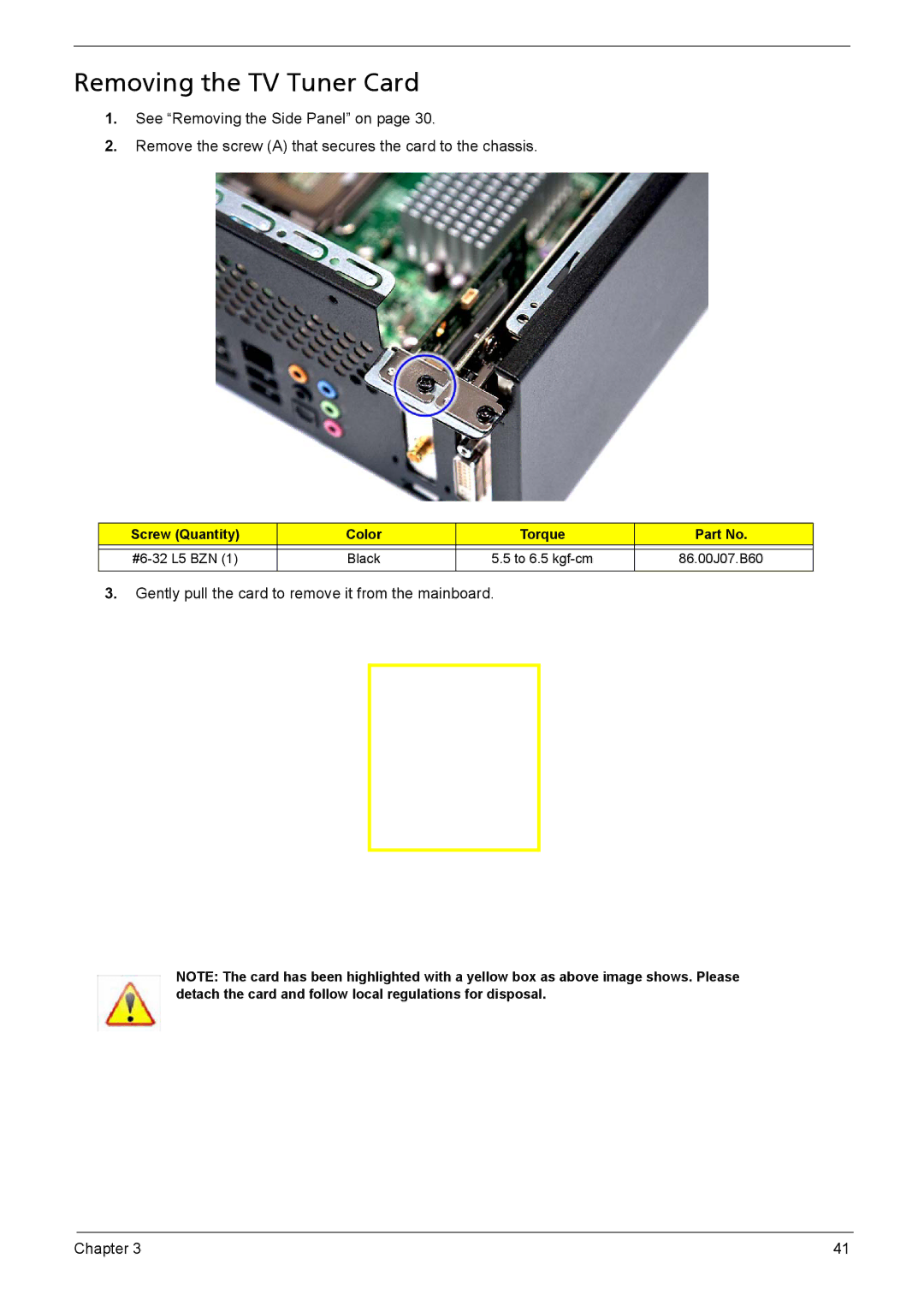 Acer X3910 manual Removing the TV Tuner Card 