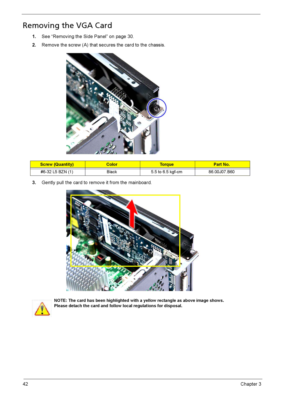 Acer X3910 manual Removing the VGA Card 