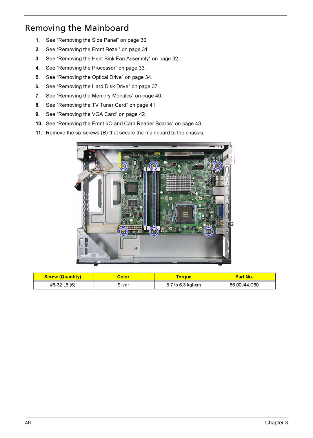 Acer X3910 manual Removing the Mainboard 