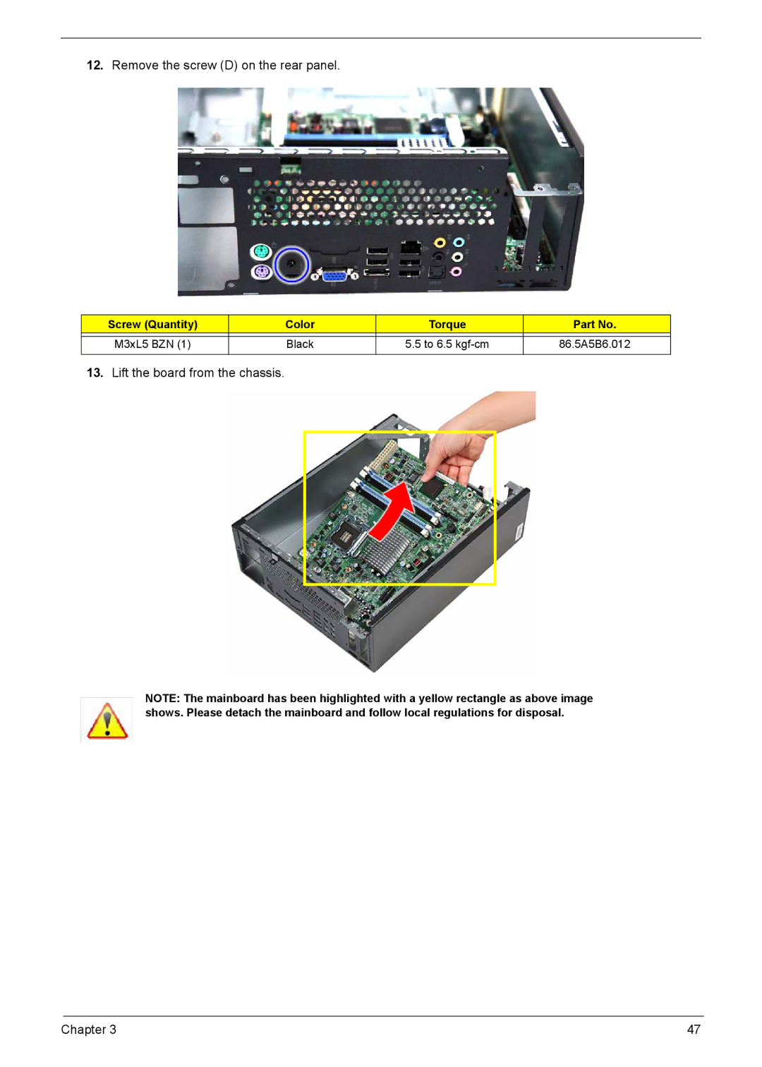 Acer X3910 manual Remove the screw D on the rear panel 