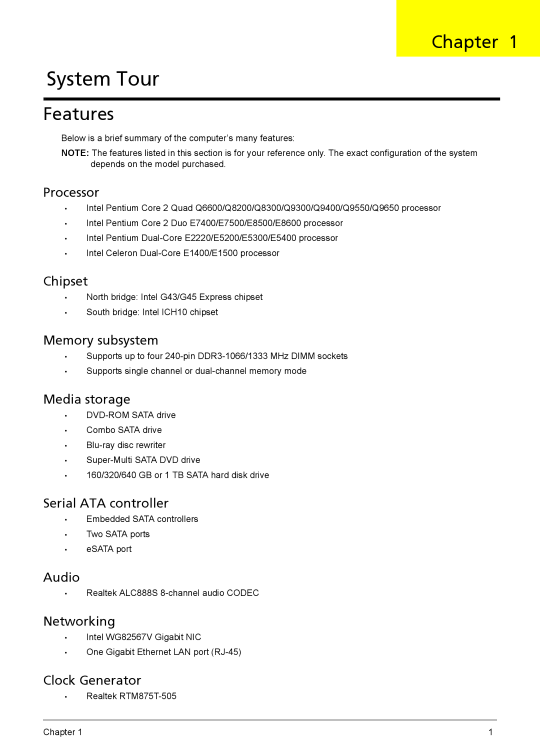 Acer X3910 manual Chapter, Features 