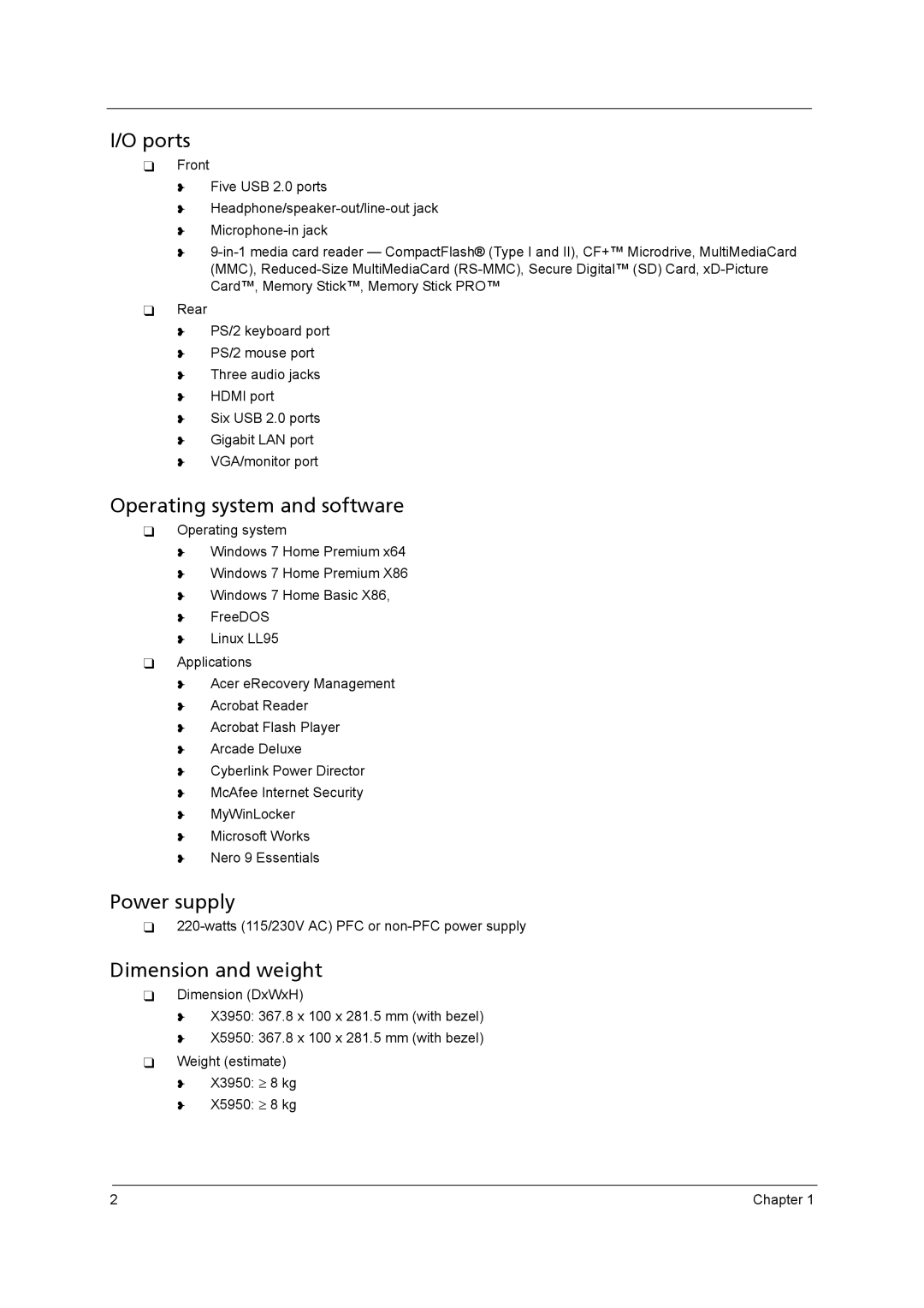 Acer X3950, X5950 manual Ports, Operating system and software, Power supply, Dimension and weight 