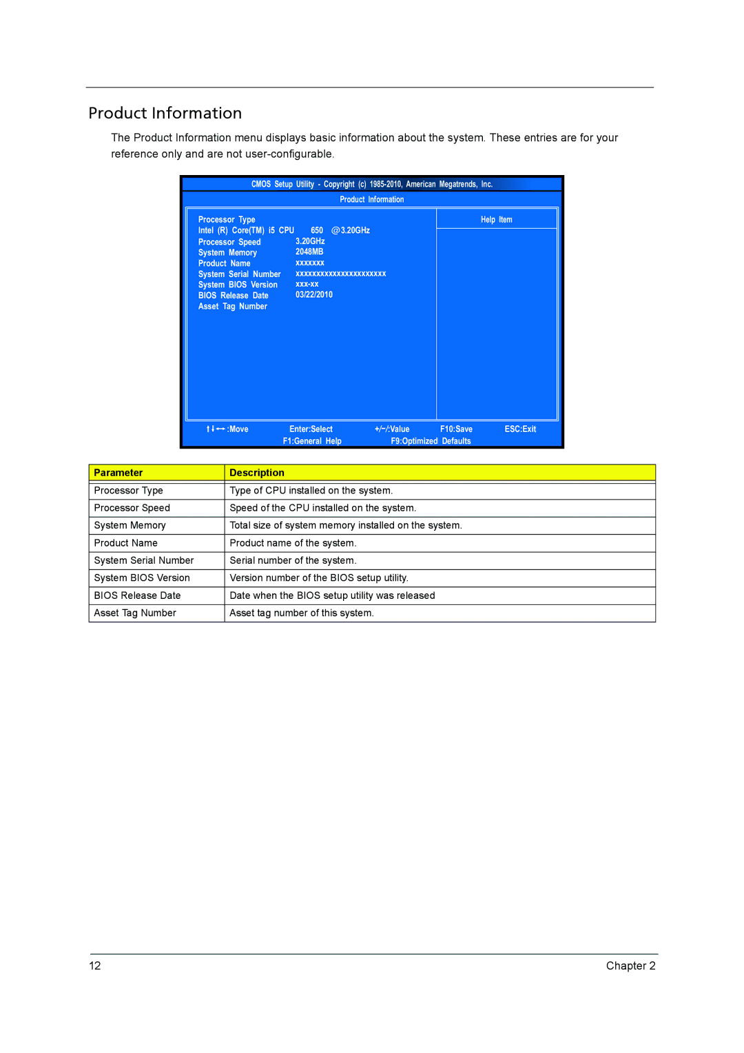 Acer X3950, X5950 manual Product Information, Parameter Description 