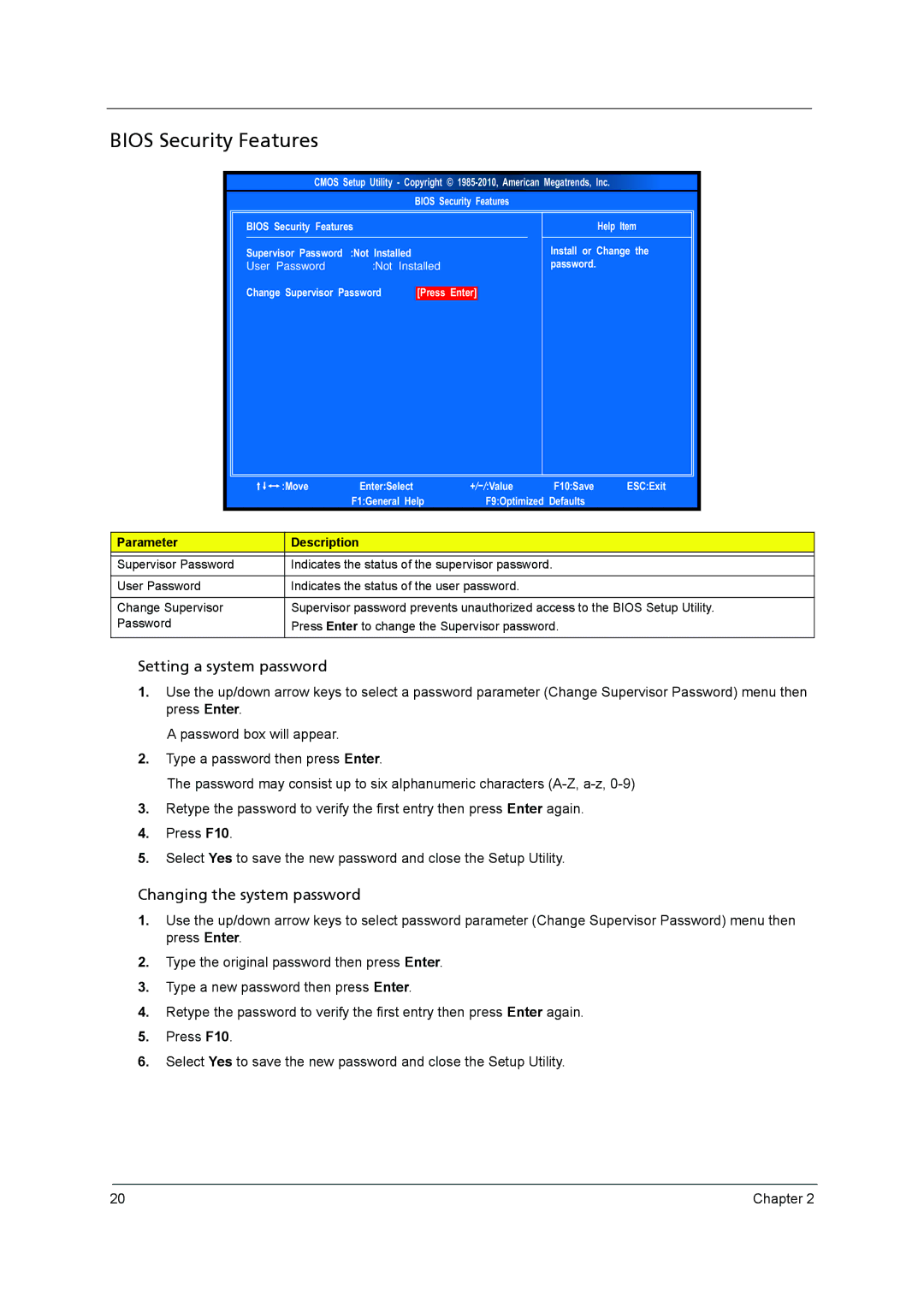 Acer X3950, X5950 manual Bios Security Features, Setting a system password 