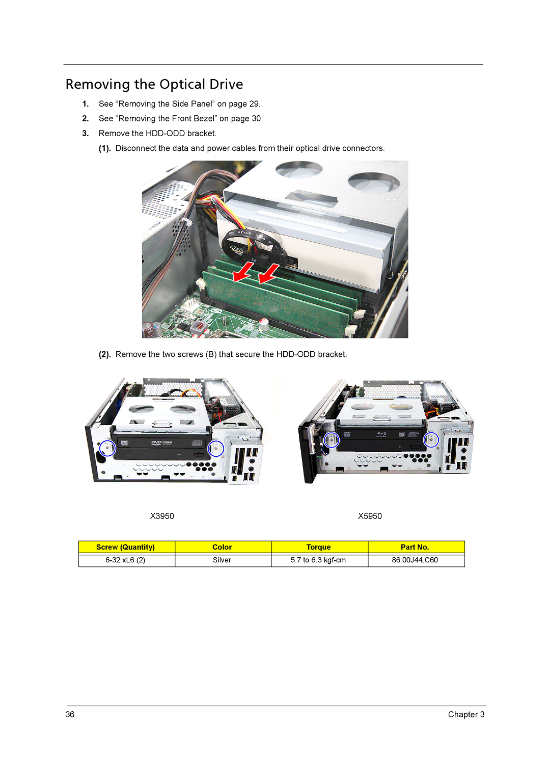 Acer X3950, X5950 manual Removing the Optical Drive 