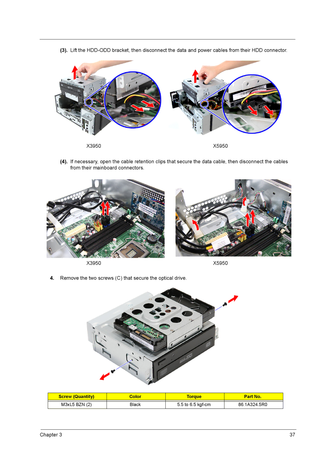 Acer X5950, X3950 manual Remove the two screws C that secure the optical drive 