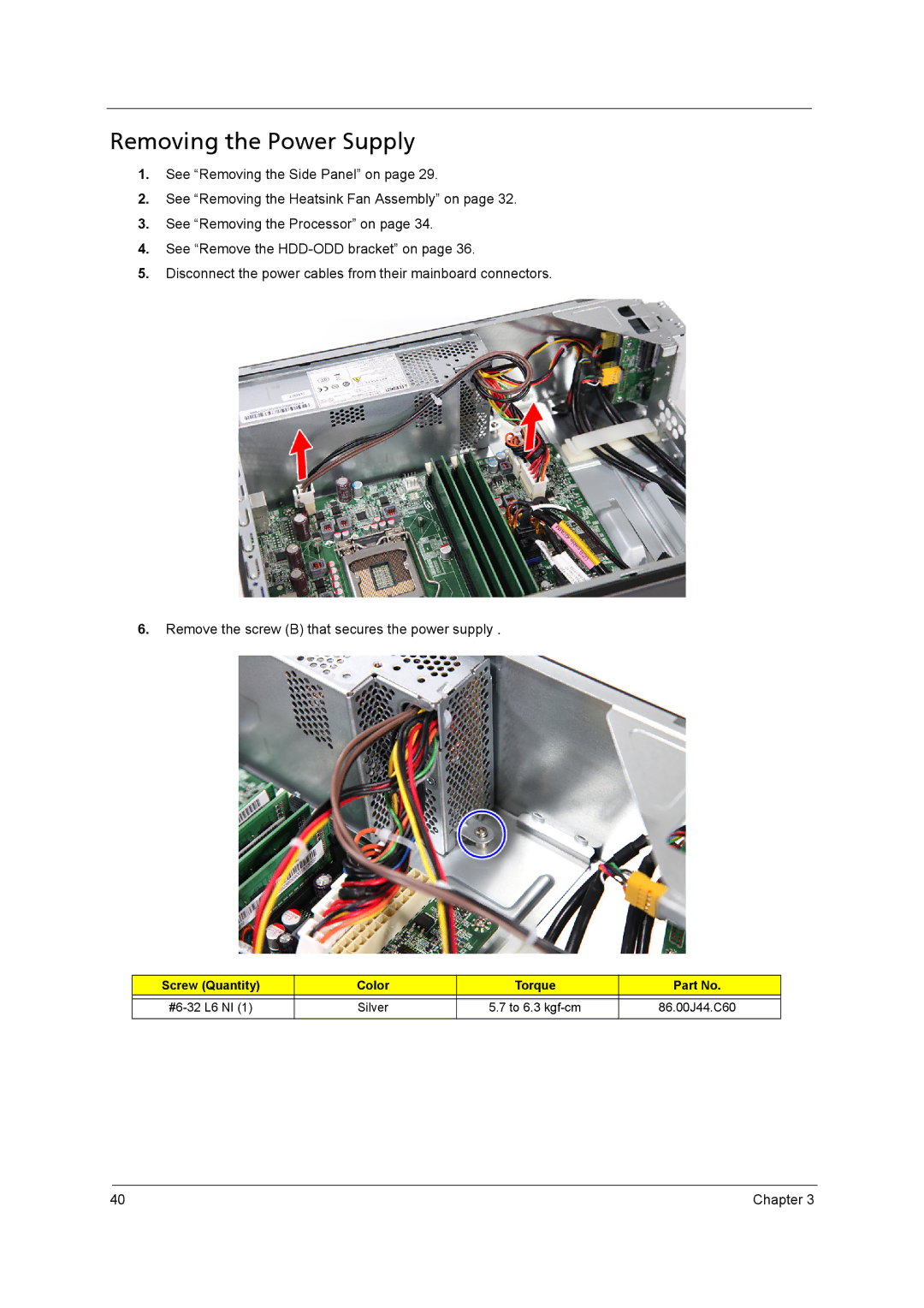 Acer X3950, X5950 manual Removing the Power Supply 