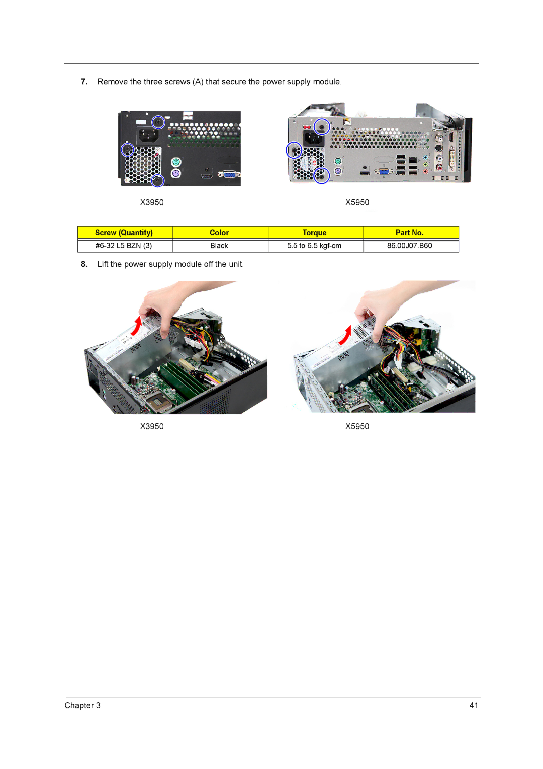 Acer X5950 manual Lift the power supply module off the unit X3950 