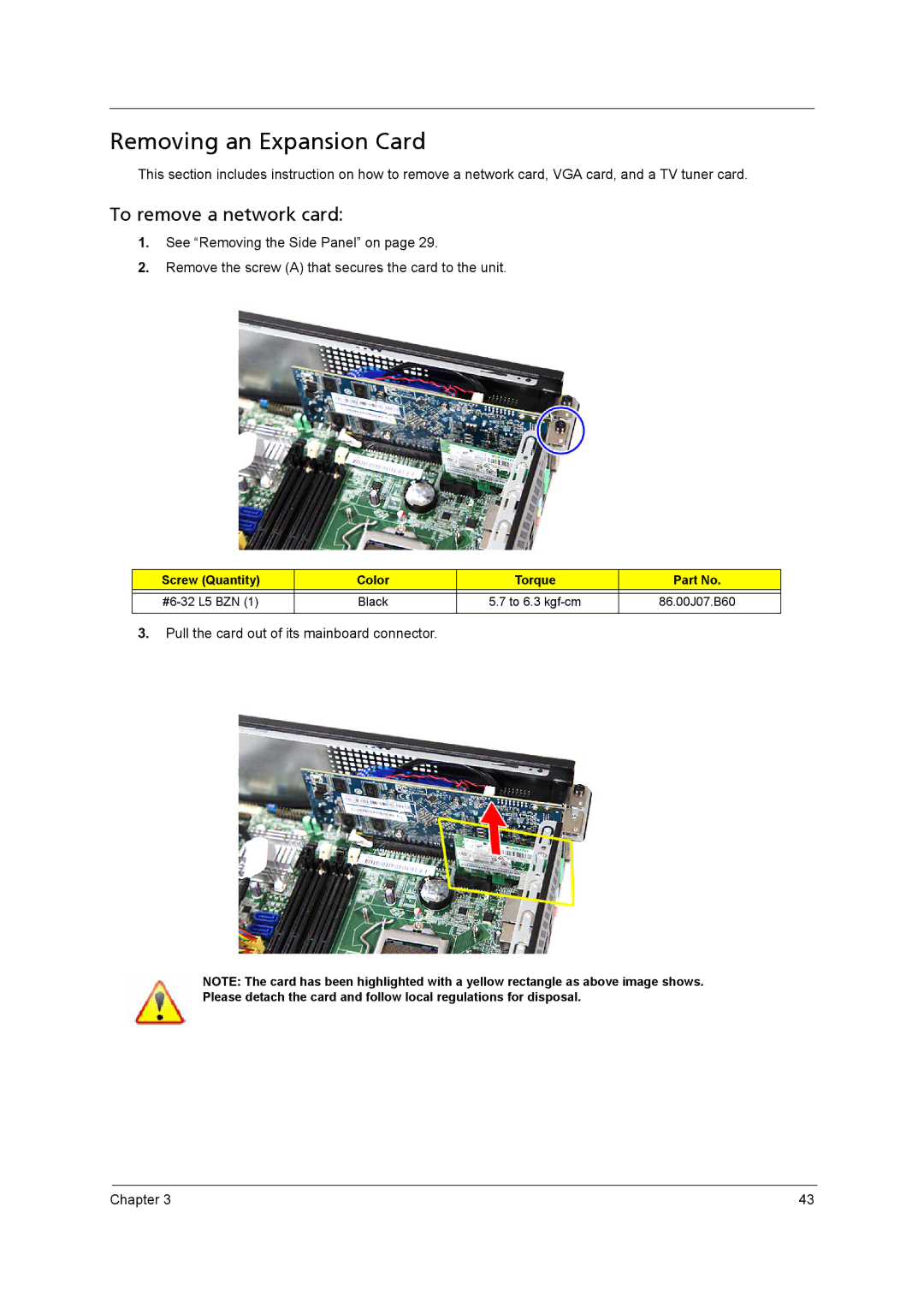 Acer X5950, X3950 manual Removing an Expansion Card, To remove a network card 