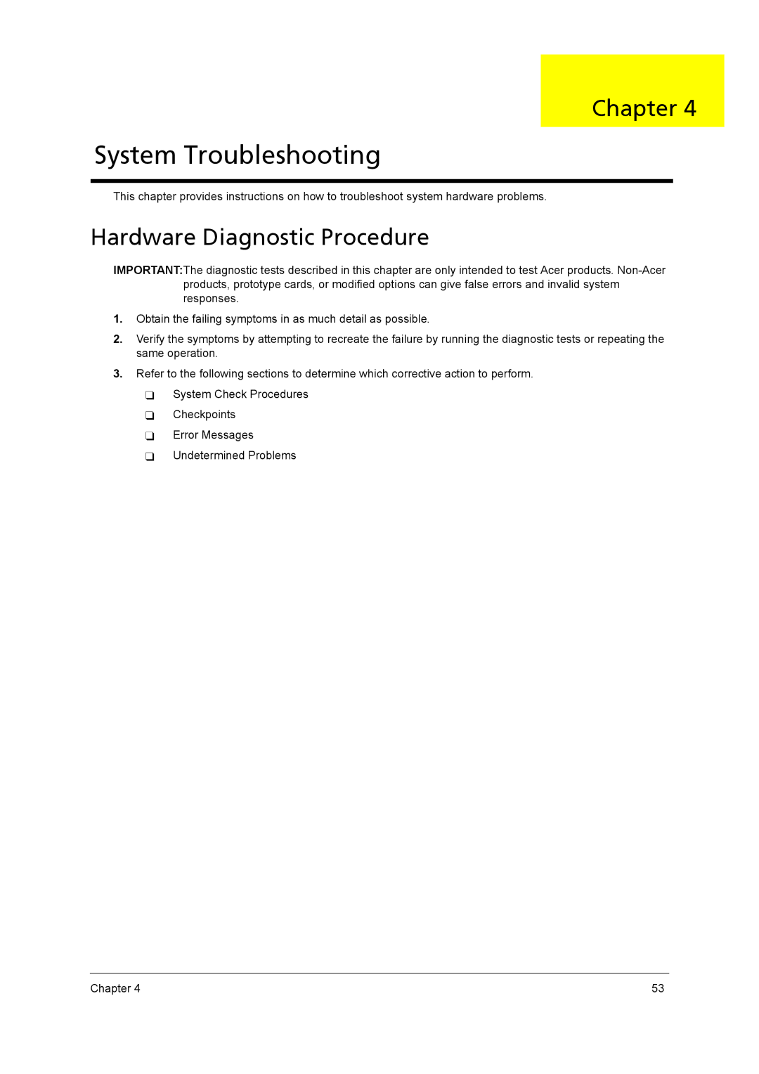 Acer X5950, X3950 manual System Troubleshooting, Hardware Diagnostic Procedure 