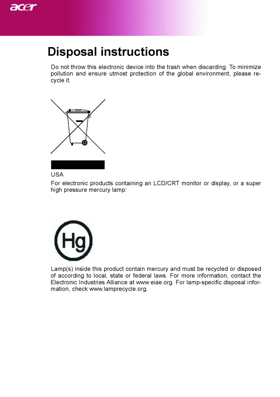 Acer XD1150D, XD1250D series manual Disposal instructions 