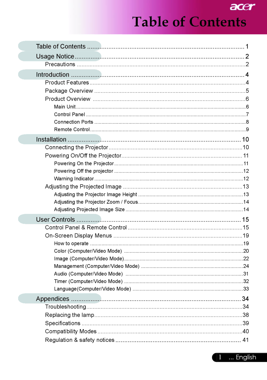 Acer XD1250D series, XD1150D manual Table of Contents 