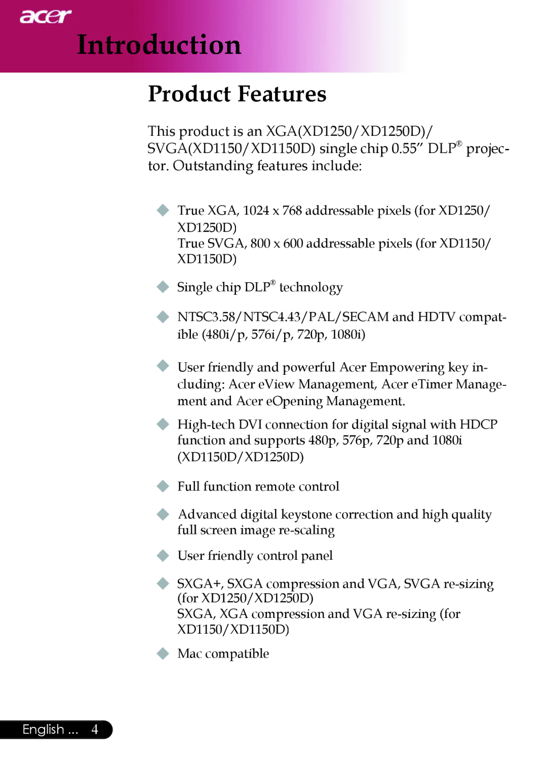 Acer XD1150D, XD1250D series manual English 