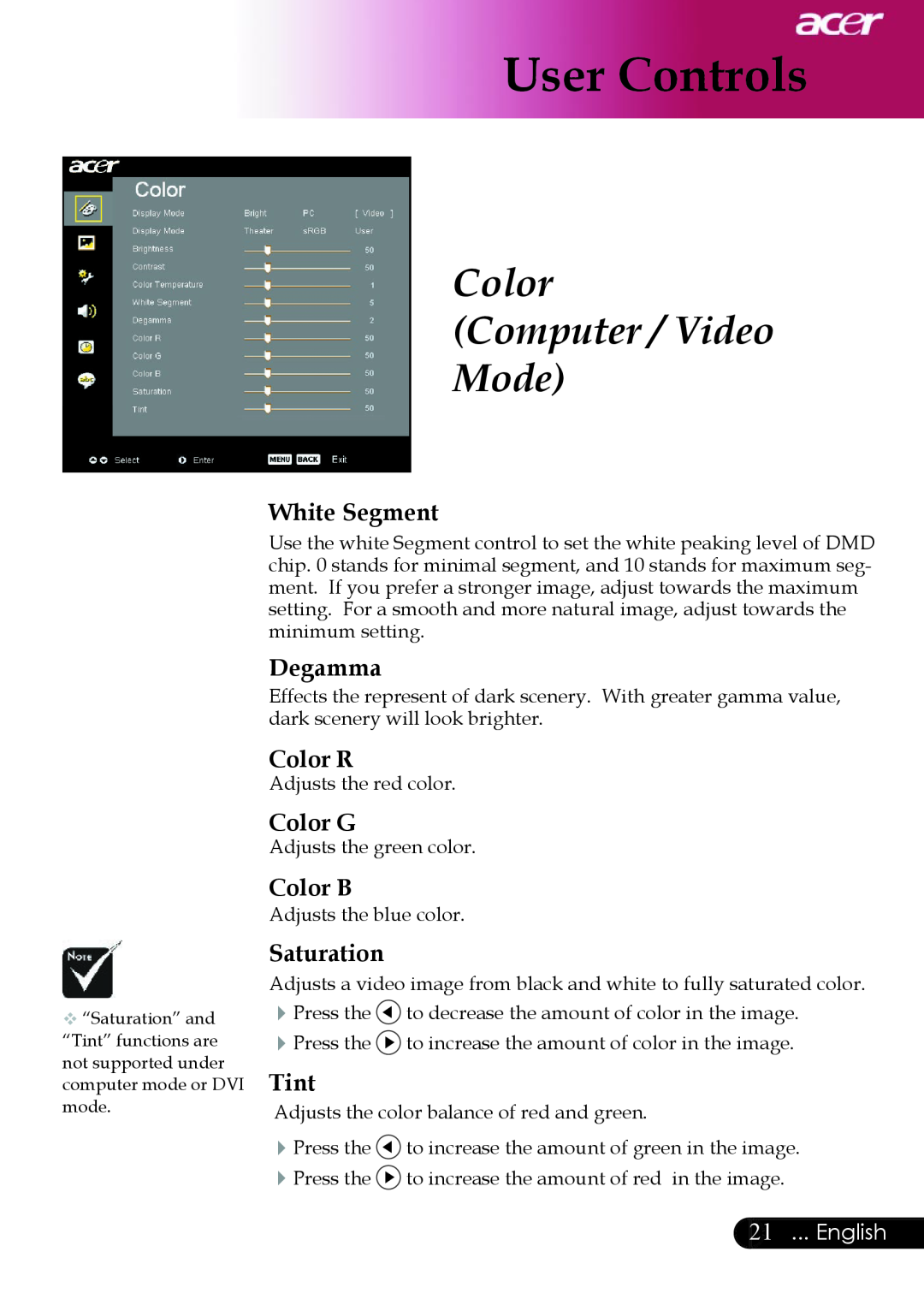 Acer XD1250, XD1150D manual White Segment, Degamma, Color R, Color G, Color B, Saturation, Tint, English, User Controls 