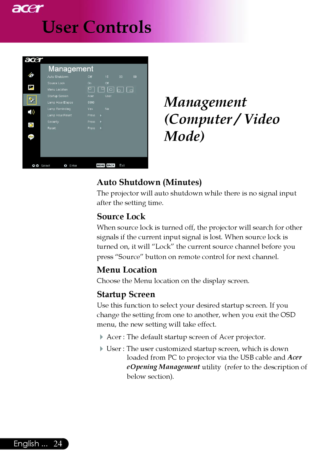 Acer XD1150D Management Computer / Video Mode, Auto Shutdown Minutes, Source Lock, Menu Location, Startup Screen, English 
