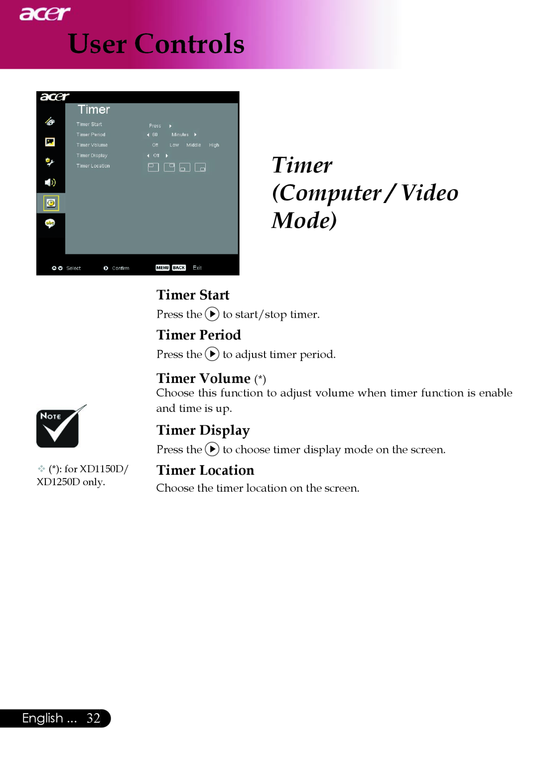 Acer XD1150D Timer Computer / Video Mode, Timer Start, Timer Period, Timer Volume, Timer Display, Timer Location, English 