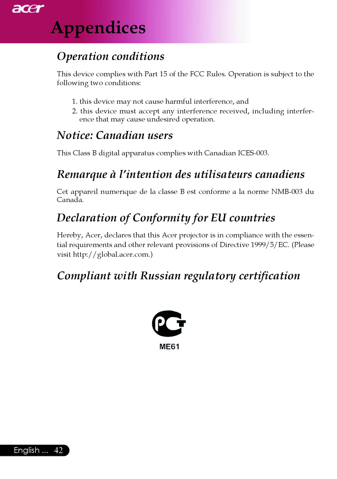 Acer XD1150 Operation conditions, Notice Canadian users, Remarque à l’intention des utilisateurs canadiens, Appendices 