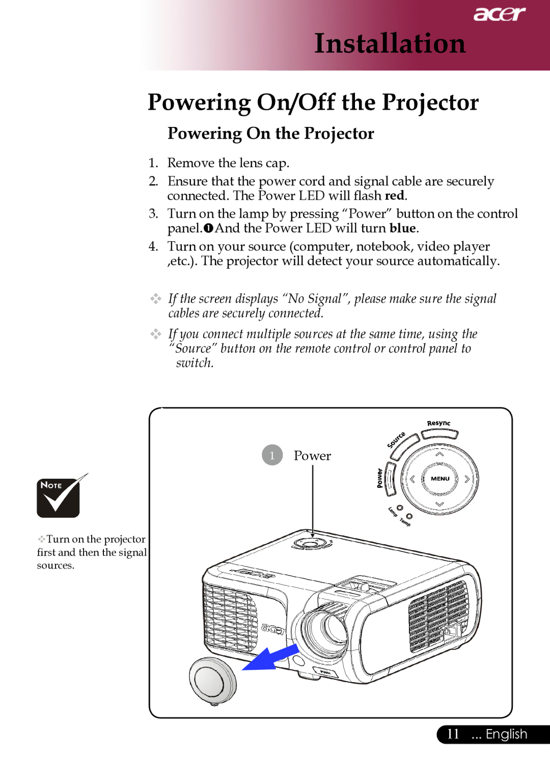 Acer XD1270, XD1280, XD1170 manual Powering On/Off the Projector, Powering On the Projector 