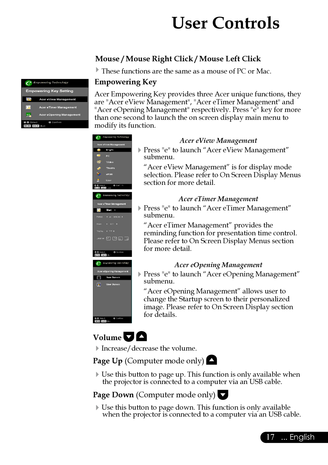 Acer XD1270, XD1280, XD1170 manual Mouse / Mouse Right Click / Mouse Left Click, Empowering Key, Volume 
