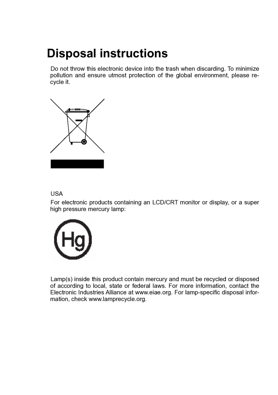 Acer XD1170, XD1280, XD1270 manual Disposal instructions 