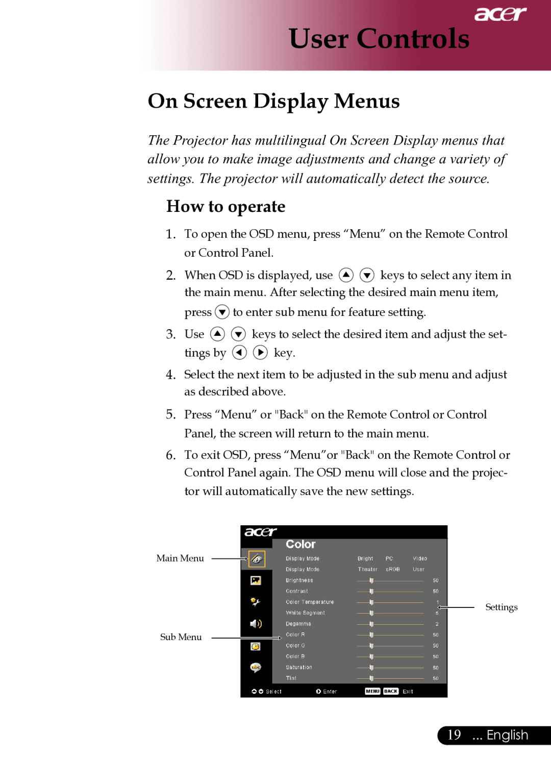 Acer XD1280, XD1270, XD1170 manual On Screen Display Menus, How to operate 