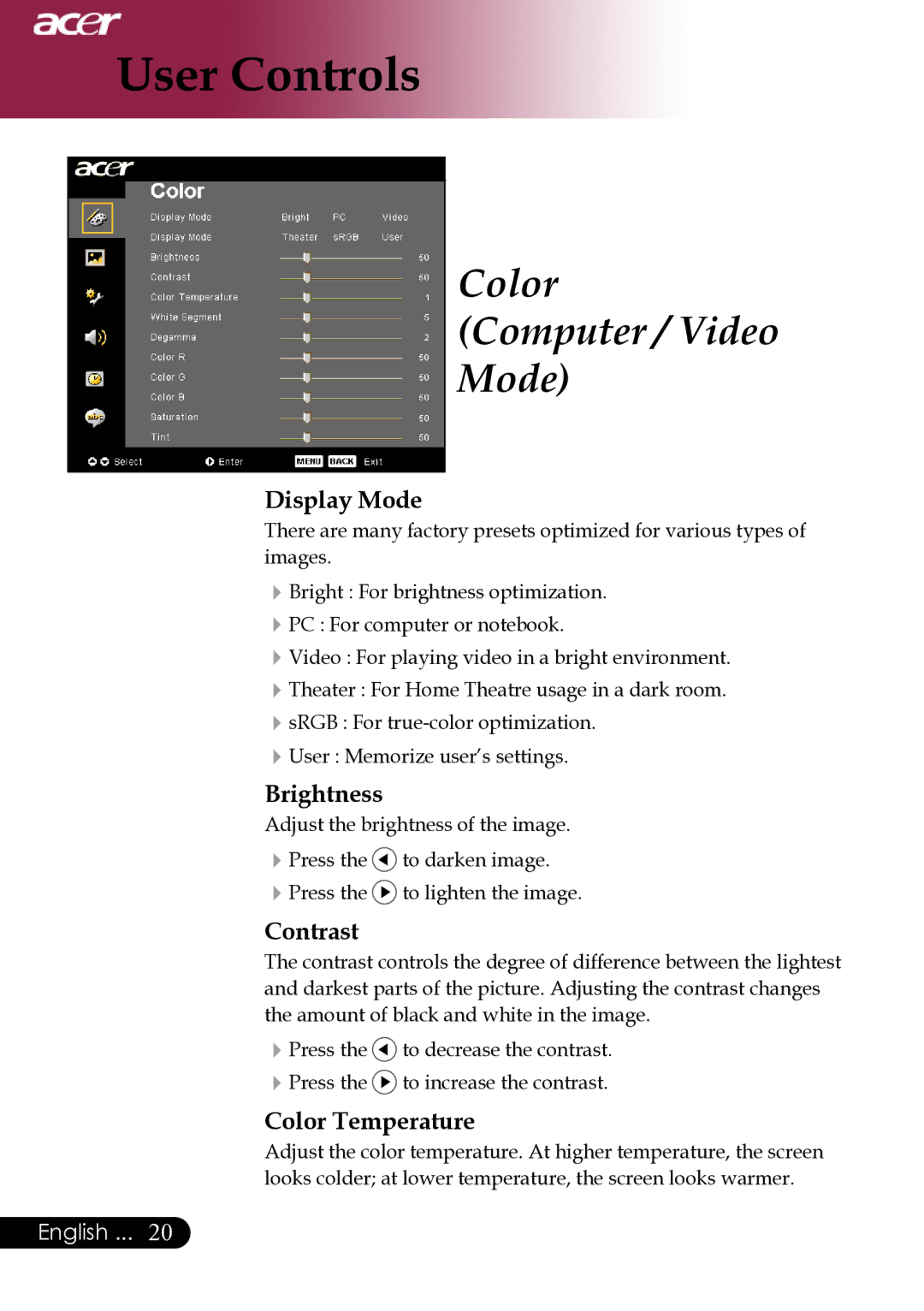 Acer XD1270, XD1280, XD1170 manual Color Computer / Video Mode, Display Mode, Brightness, Contrast, Color Temperature 