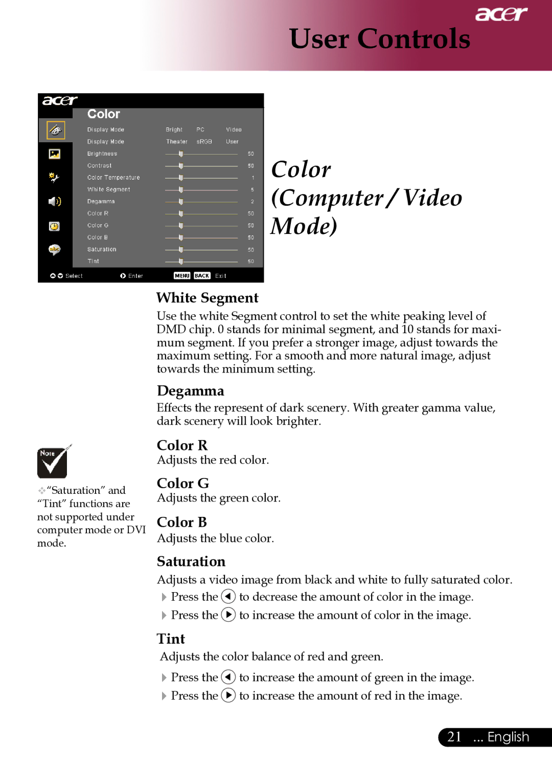 Acer XD1170, XD1280, XD1270 manual White Segment, Degamma, Color R, Color G, Color B, Saturation, Tint 