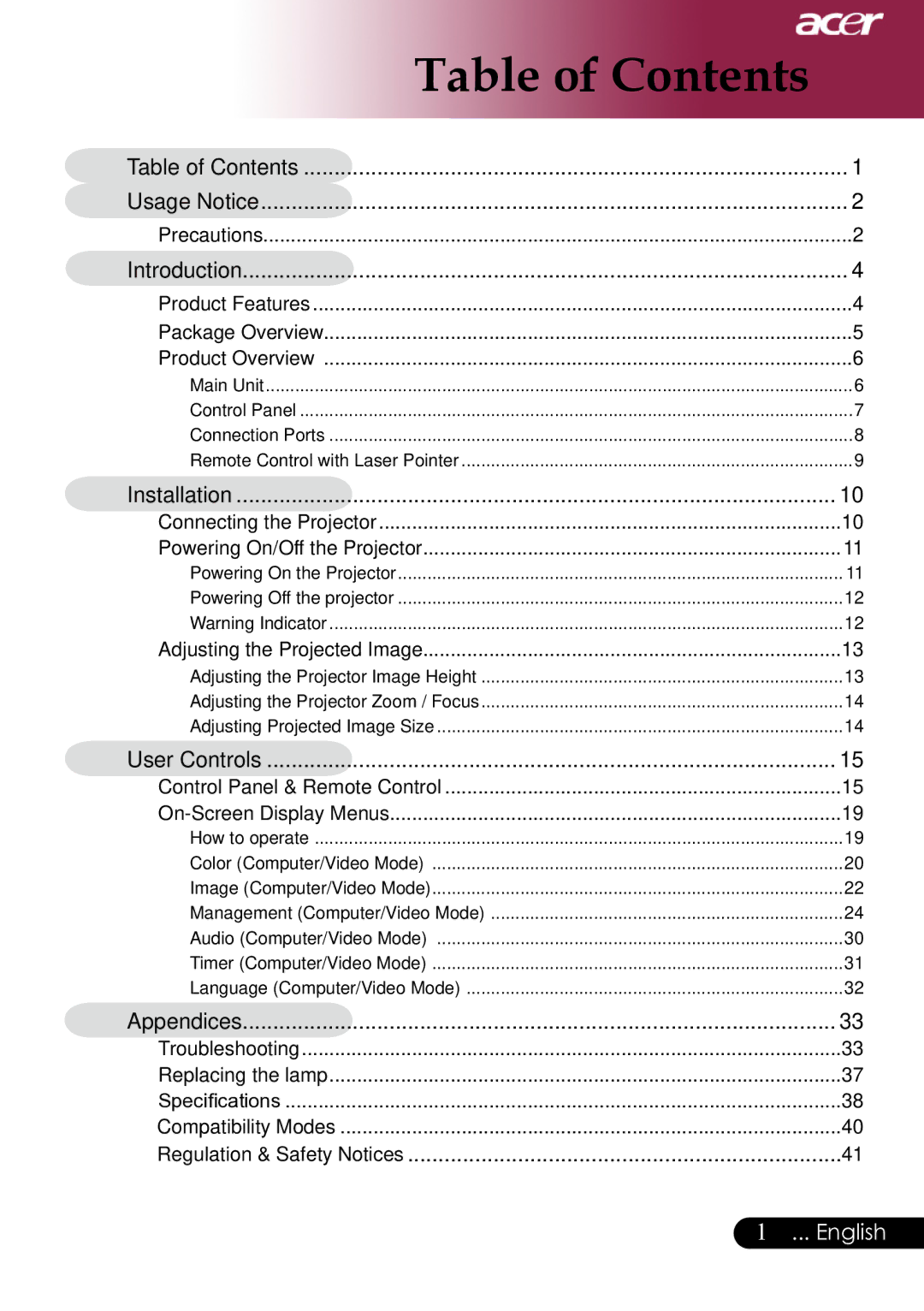 Acer XD1280, XD1270, XD1170 manual Table of Contents 