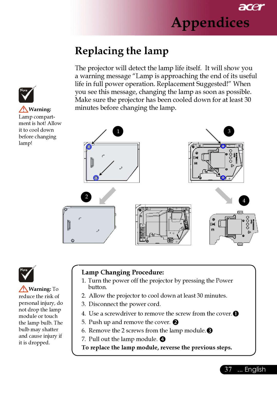 Acer XD1280, XD1270, XD1170 manual Replacing the lamp, Lamp Changing Procedure 