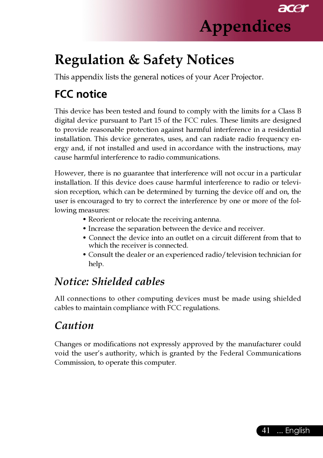 Acer XD1270, XD1280, XD1170 manual Regulation & Safety Notices, FCC notice 