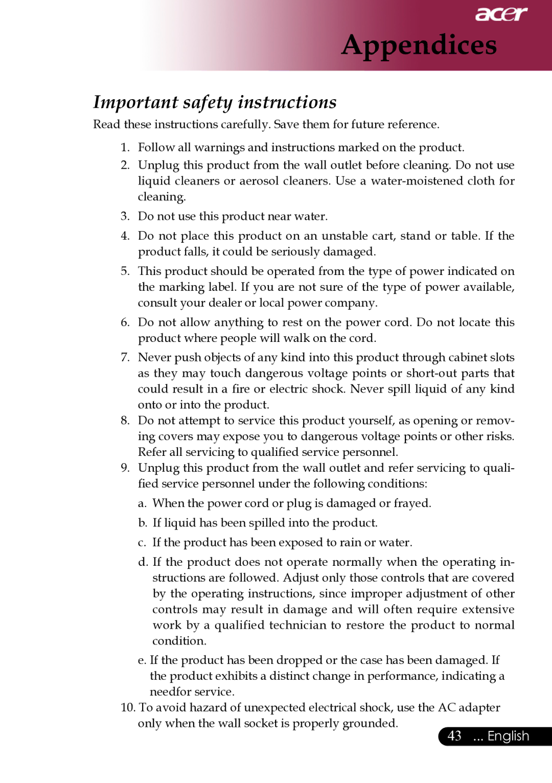 Acer XD1280, XD1270, XD1170 manual Important safety instructions 