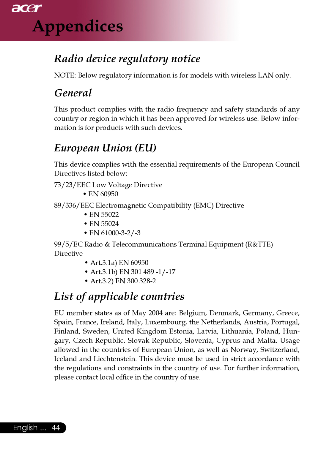 Acer XD1270, XD1280, XD1170 manual Radio device regulatory notice General 