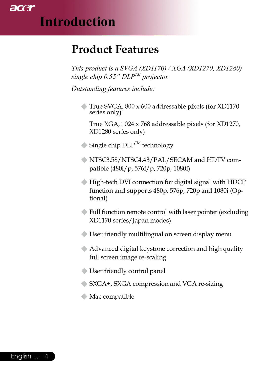 Acer XD1280, XD1270, XD1170 manual Introduction, Product Features 