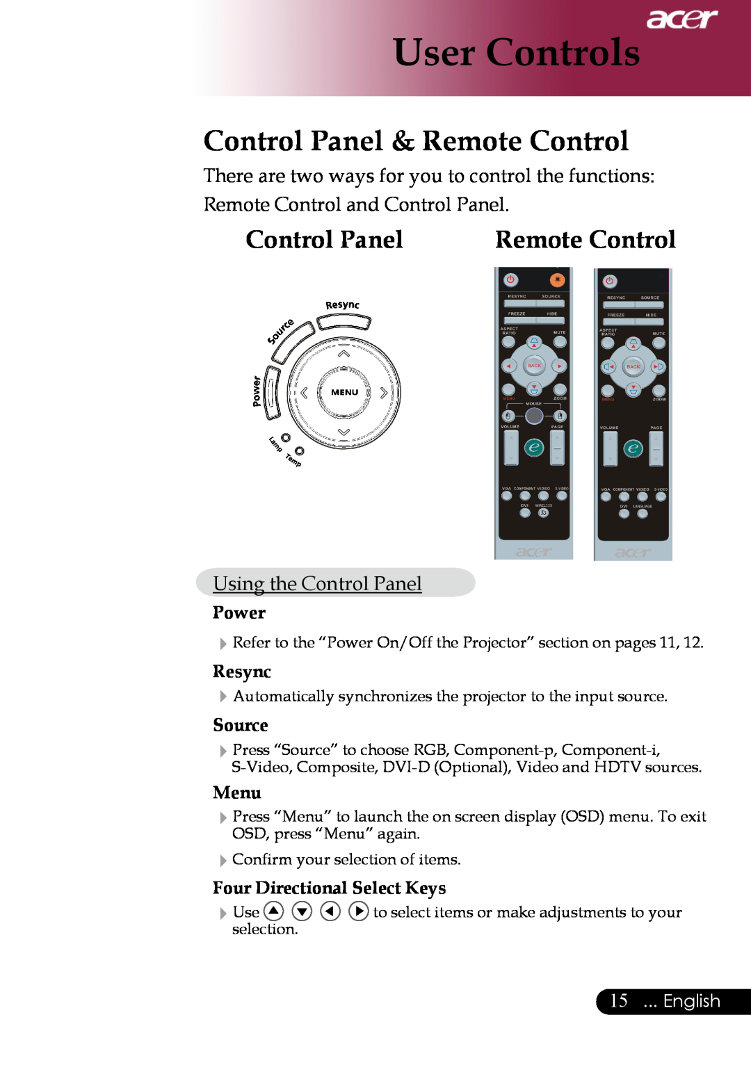 Acer XD1170 User Controls, Control Panel & Remote Control, Using the Control Panel, Power, Resync, Source, Menu, English 