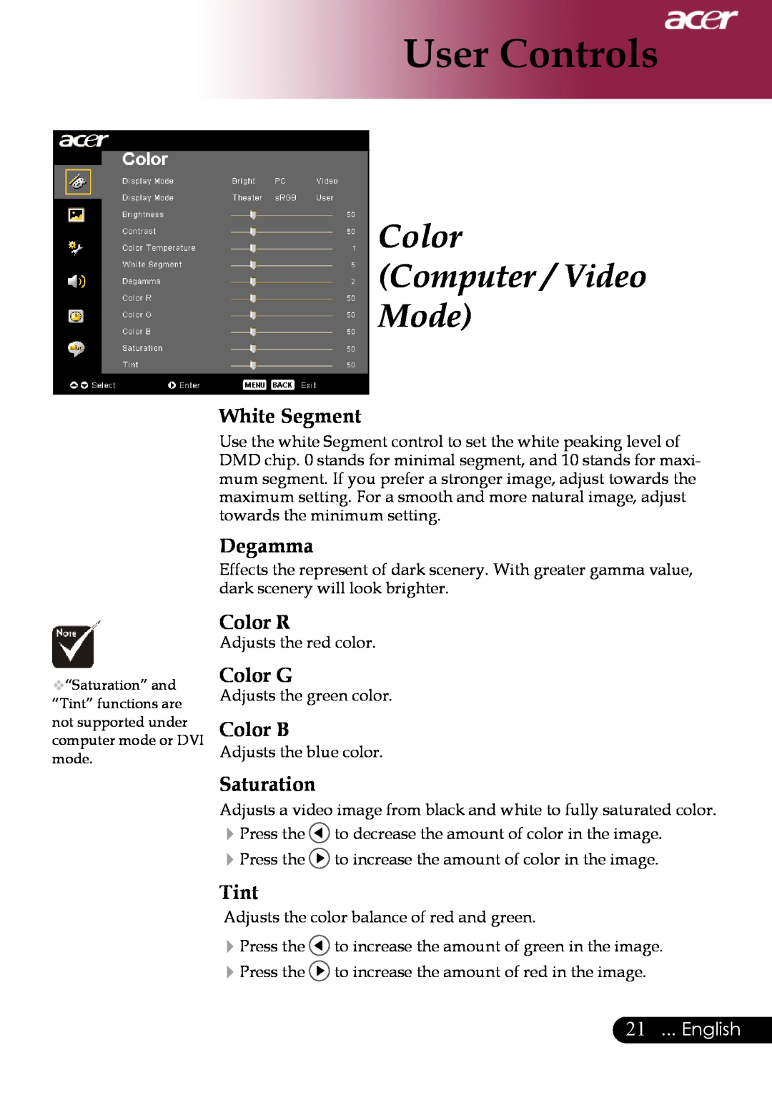 Acer XD1170, XD1280, XD1270 White Segment, Degamma, Color R, Color G, Color B, Saturation, Tint, English, User Controls 