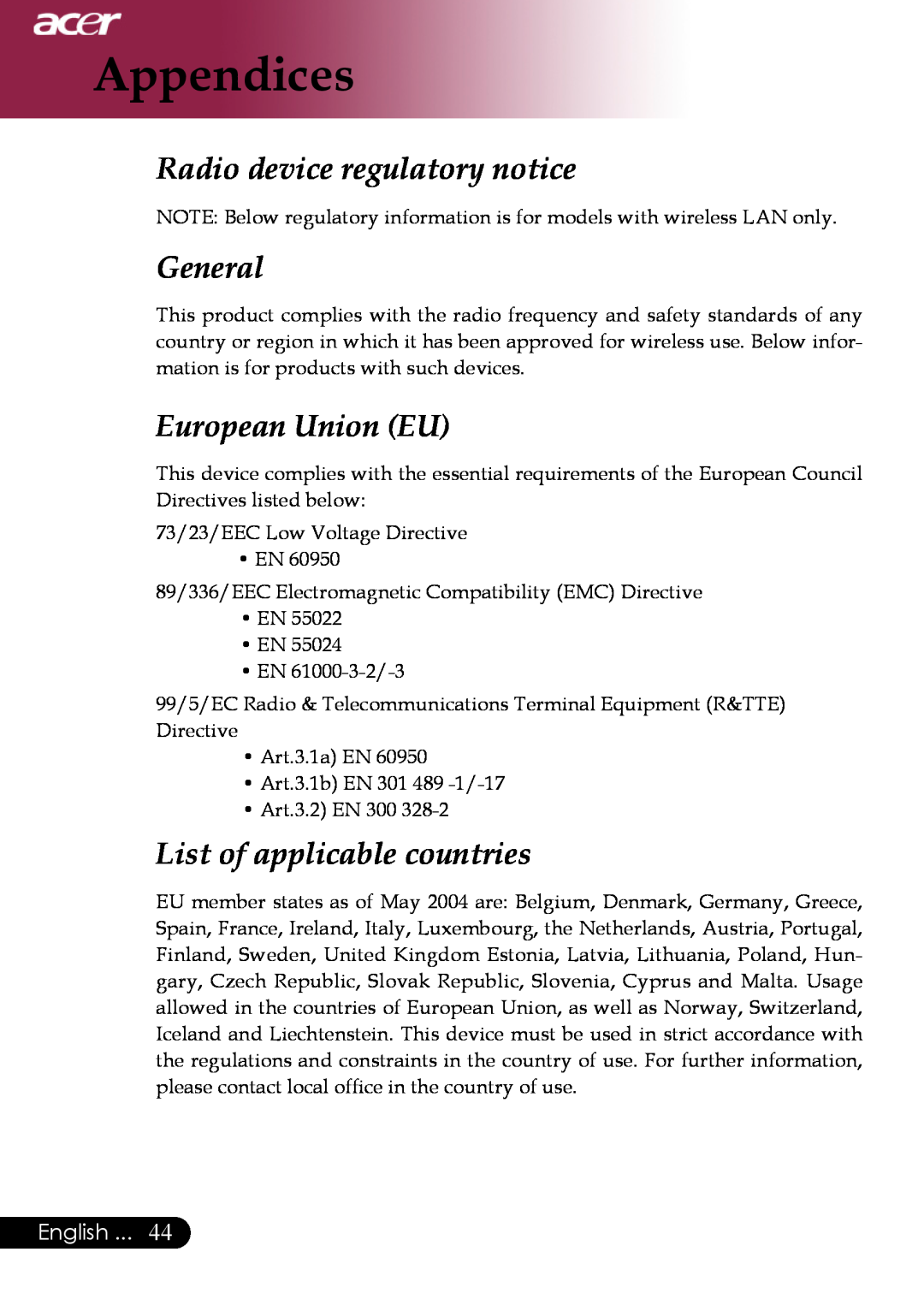 Acer XD1270 Radio device regulatory notice, General, European Union EU, List of applicable countries, Appendices, English 