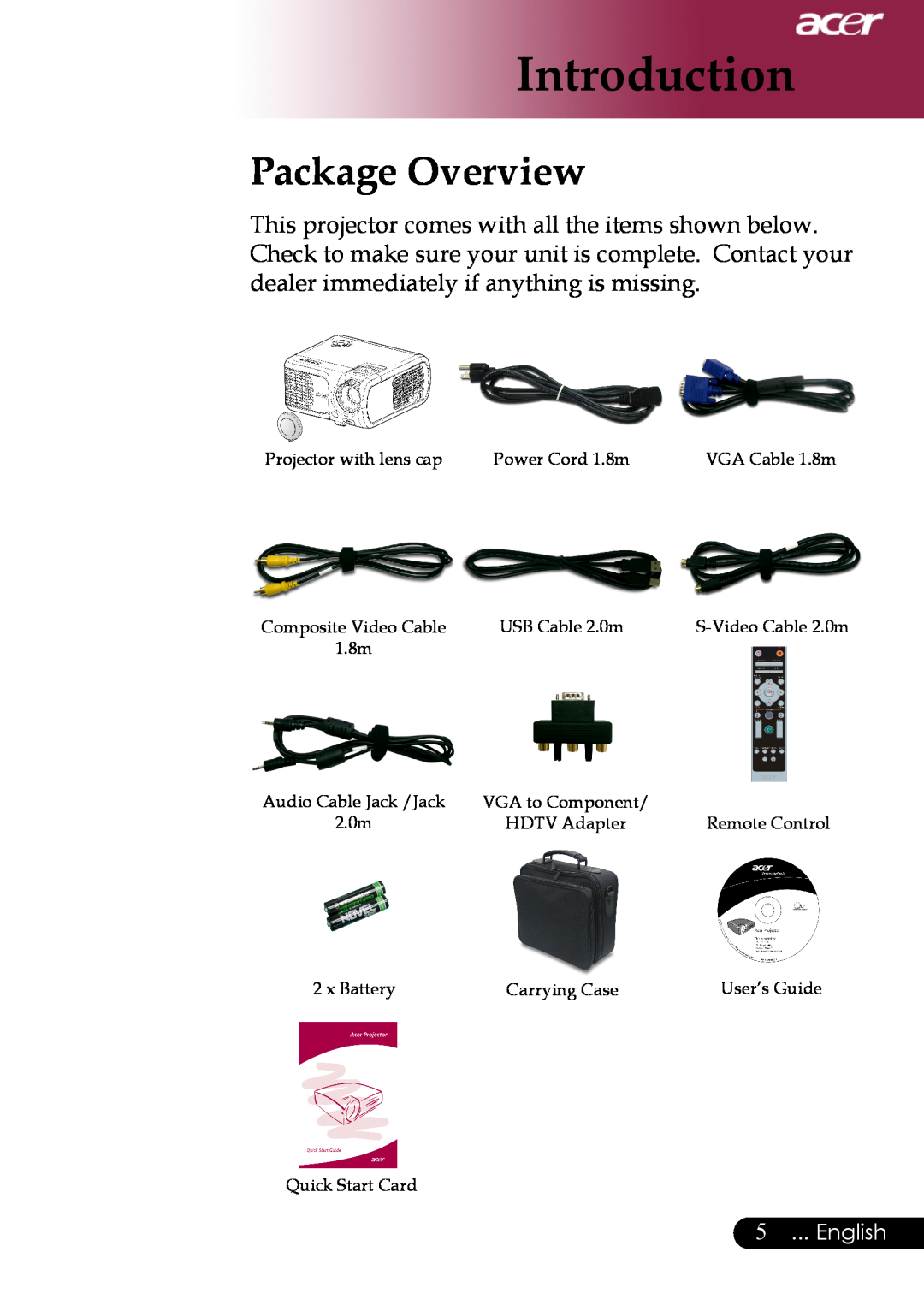 Acer XD1270 Package Overview, Introduction,  ... English, Projector with lens cap, Power Cord 1.8m, Composite Video Cable 