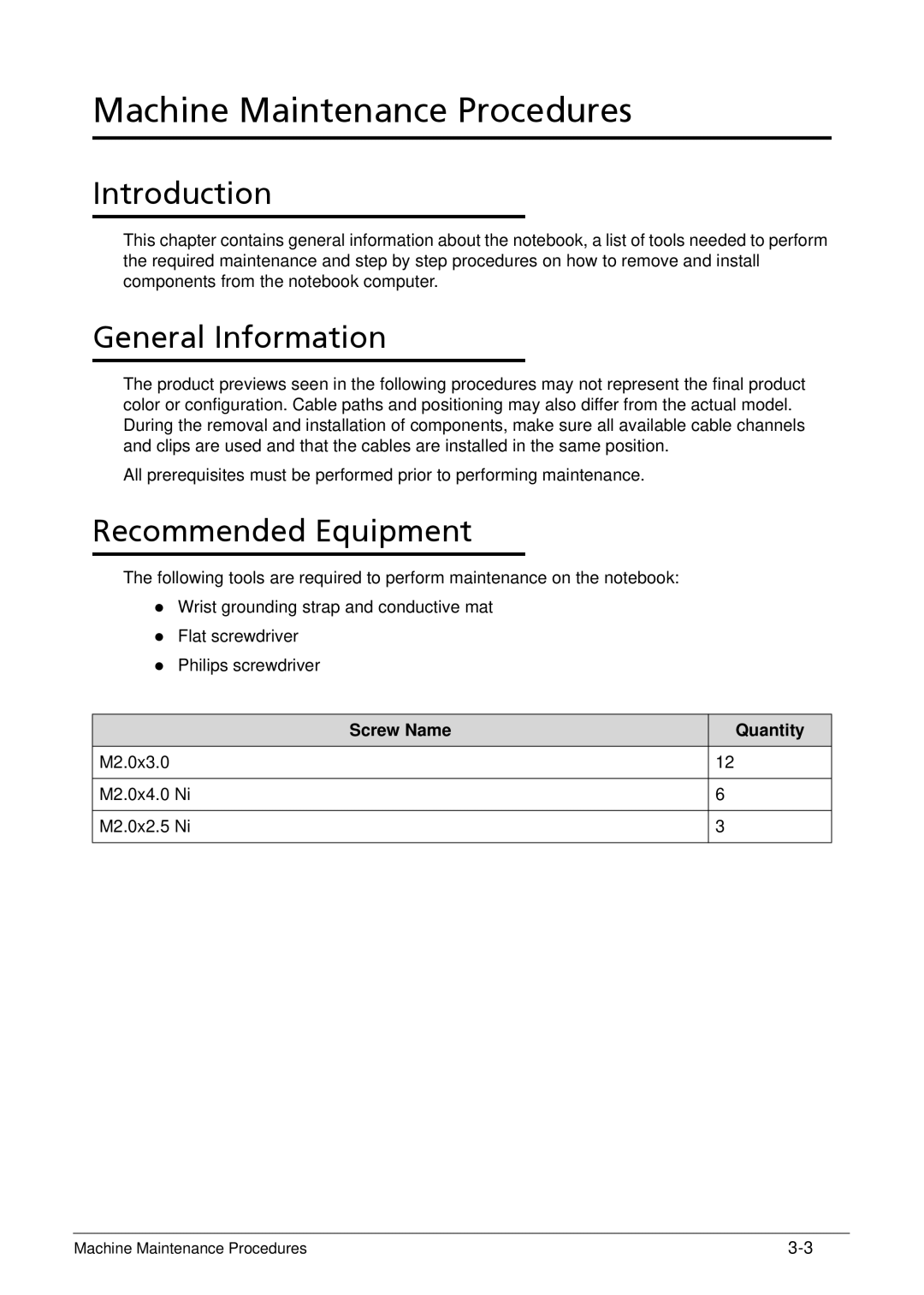 Acer XE.H6RPN.006 manual Recommended Equipment, Screw Name, Quantity 