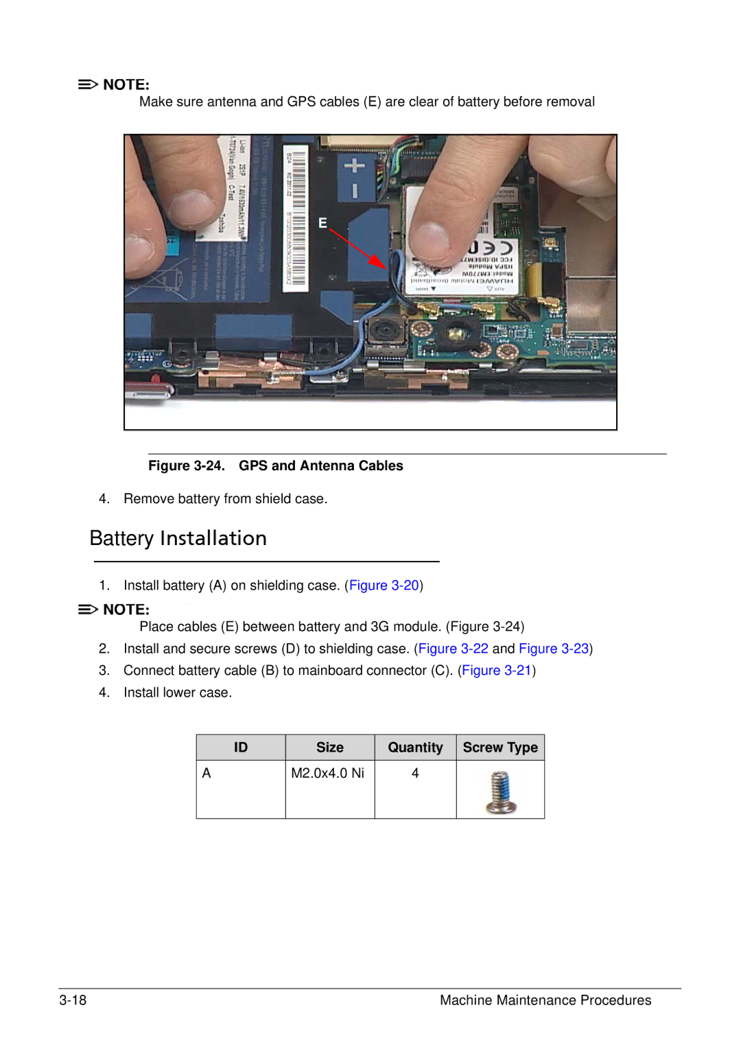 Acer XE.H6RPN.006 manual Battery Installation, Size Quantity Screw Type M2.0x4.0 Ni 