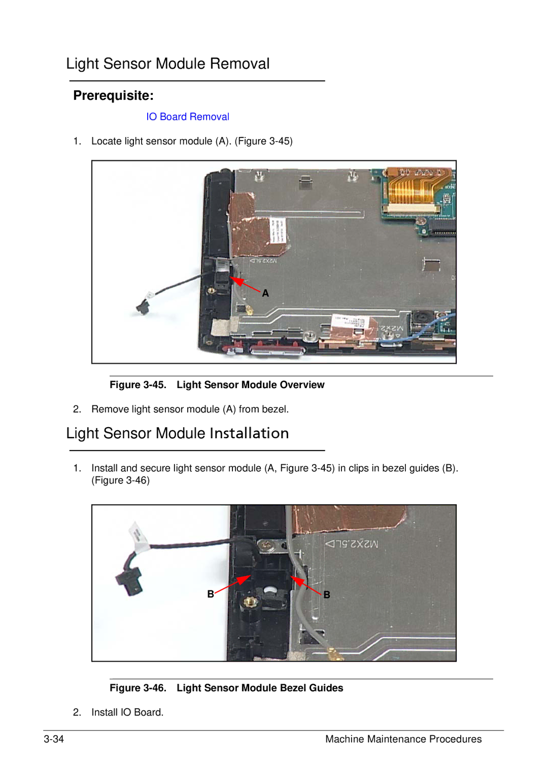 Acer XE.H6RPN.006 manual Light Sensor Module Removal, Light Sensor Module Installation 