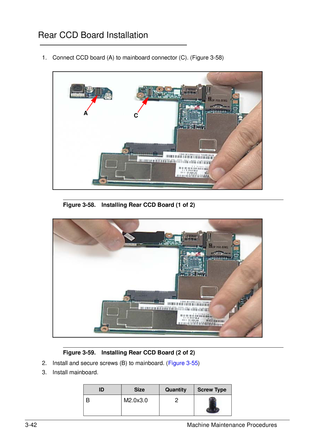 Acer XE.H6RPN.006 manual Rear CCD Board Installation, Installing Rear CCD Board 1 