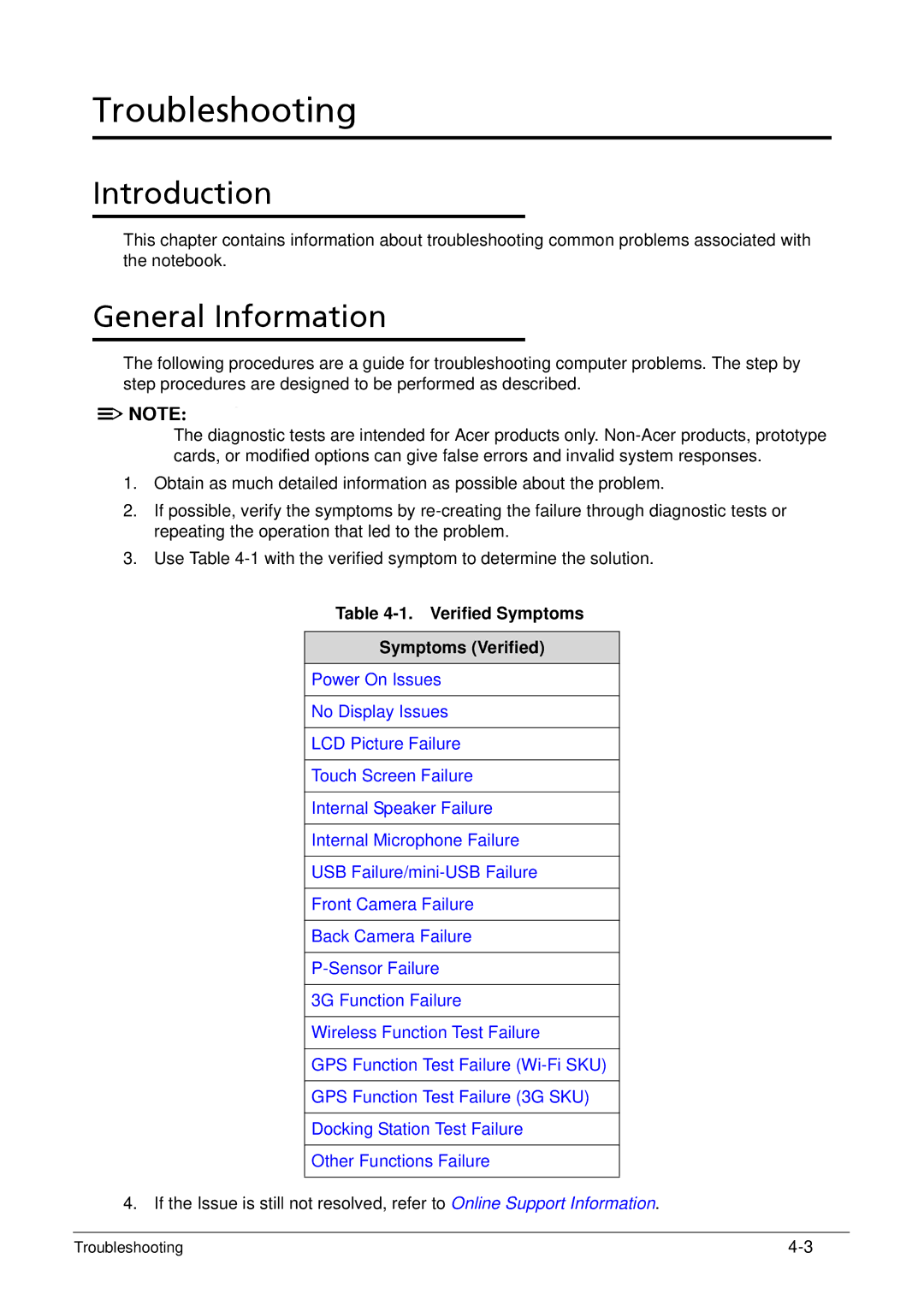 Acer XE.H6RPN.006 manual Introduction, Verified Symptoms Symptoms Verified 