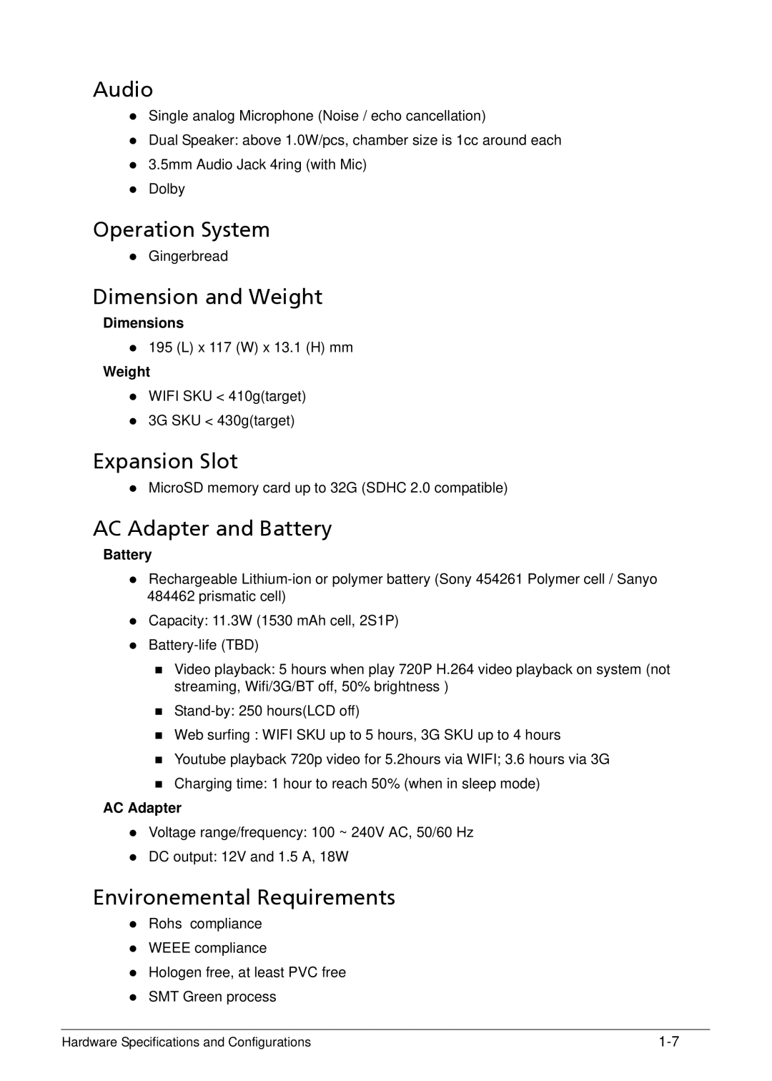 Acer XE.H6RPN.006 manual Audio, Operation System, Dimension and Weight, Expansion Slot, AC Adapter and Battery 