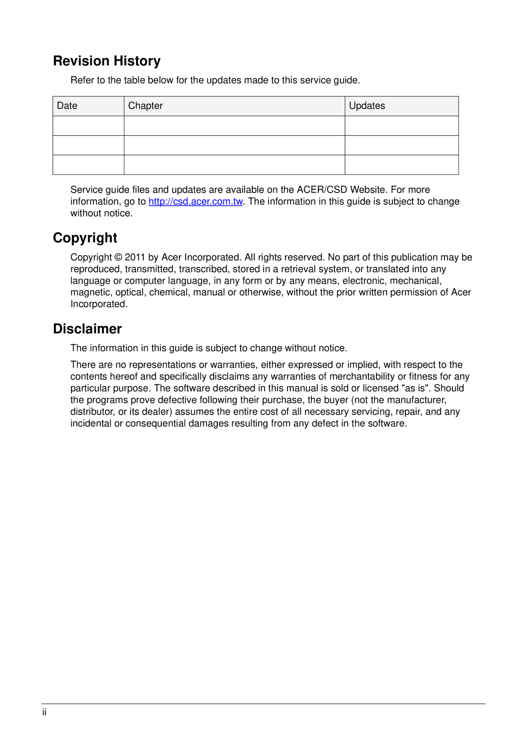 Acer XE.H6RPN.006 manual Revision History 