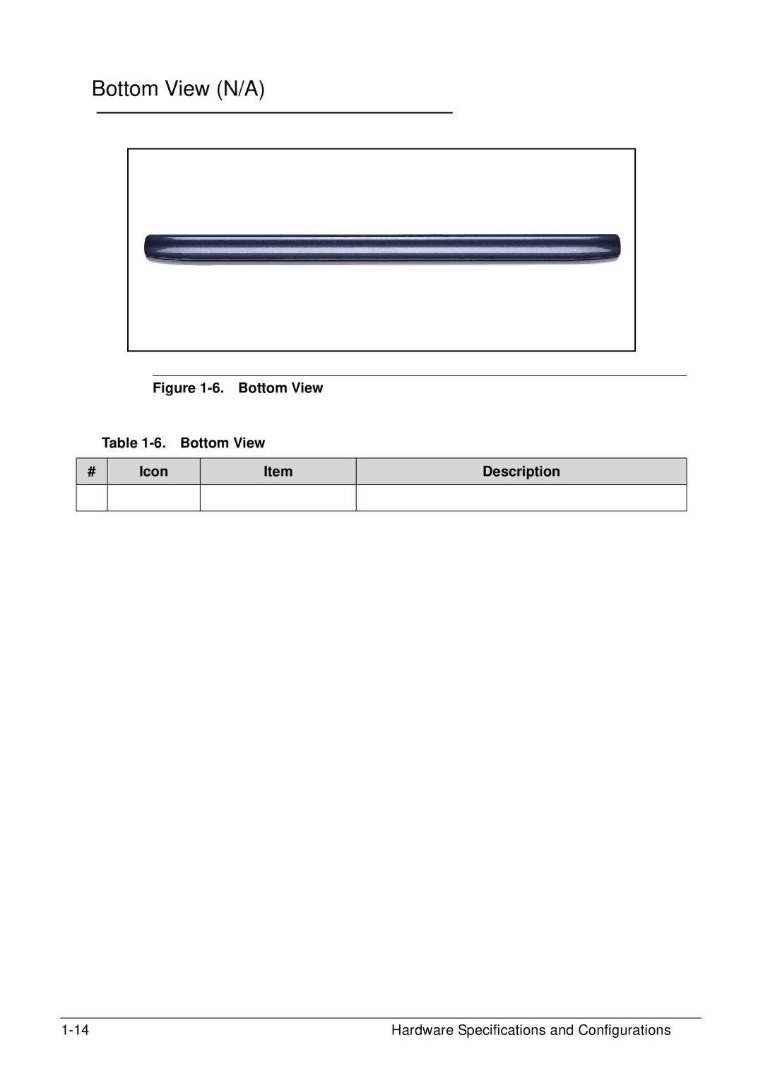 Acer XE.H6RPN.006 manual Bottom View N/A, Bottom View Icon Description 